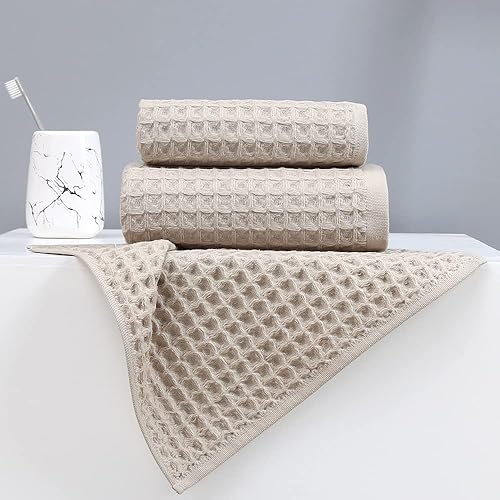 Miniatura 2 de Juego de 3 toallas de baño de punto gofre, juego de toallas 100% algodón (1 toalla de baño, 1 toalla de mano, 1 toallita) Toalla de mano de baño