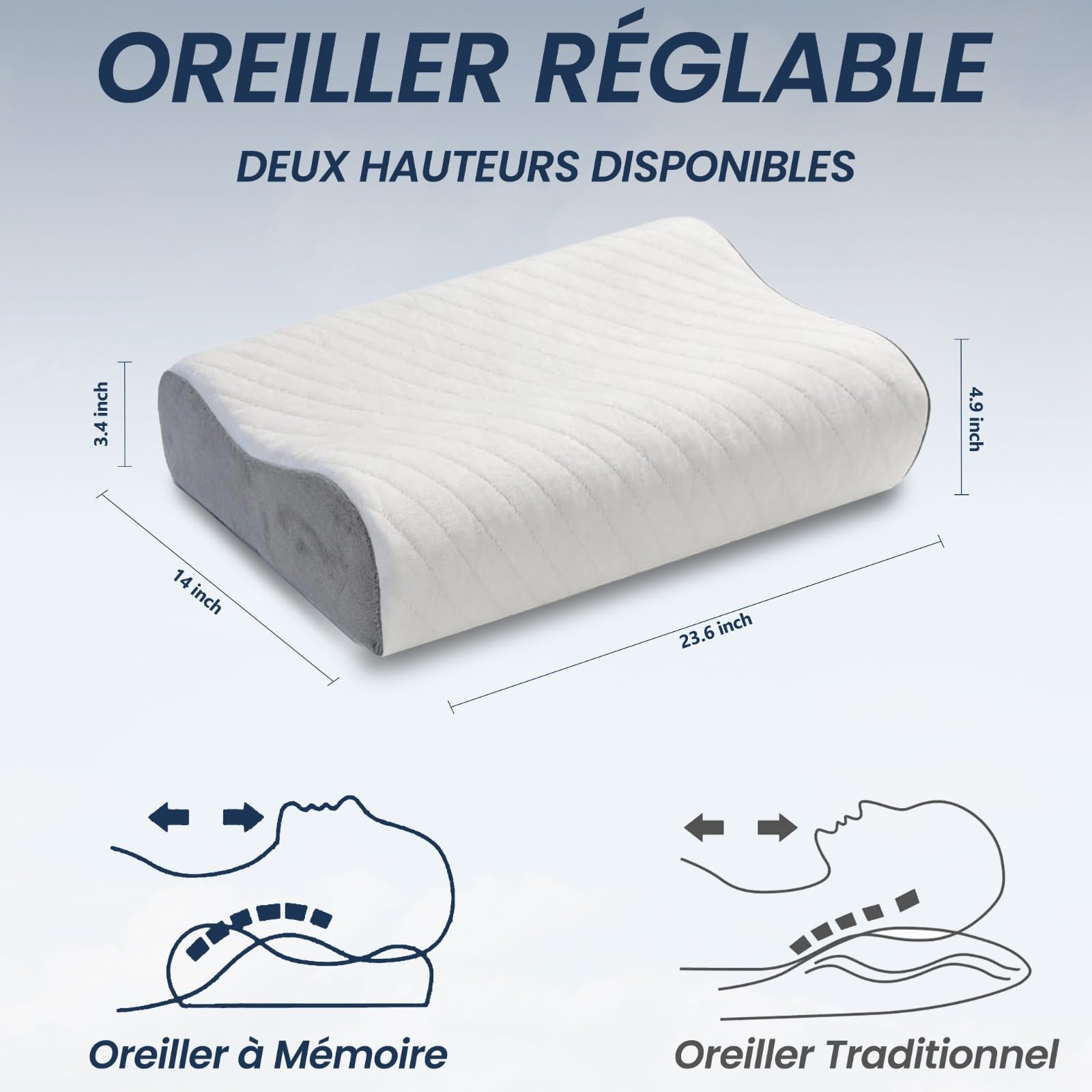 Oreiller Ergonomique Cervical à Mémoire de Forme, Coussin Orthopédique pour Nuque 60x35cm, Oreiller Anti Ronflement pour Dormeurs Dos Côté Ventre, Housse Amovible Lavable en Machine à 40°C