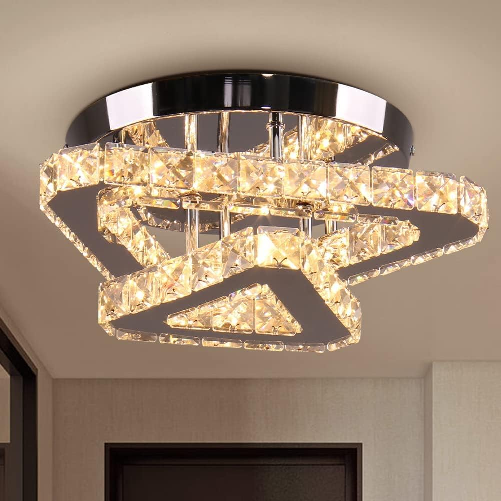 12Inch 2LayerTriAngle Warmwhite Crystal Chandelier for Living Room Modern Ceiling Light for Hall Dining Room Led Fixtures Hanging Ring Gl13