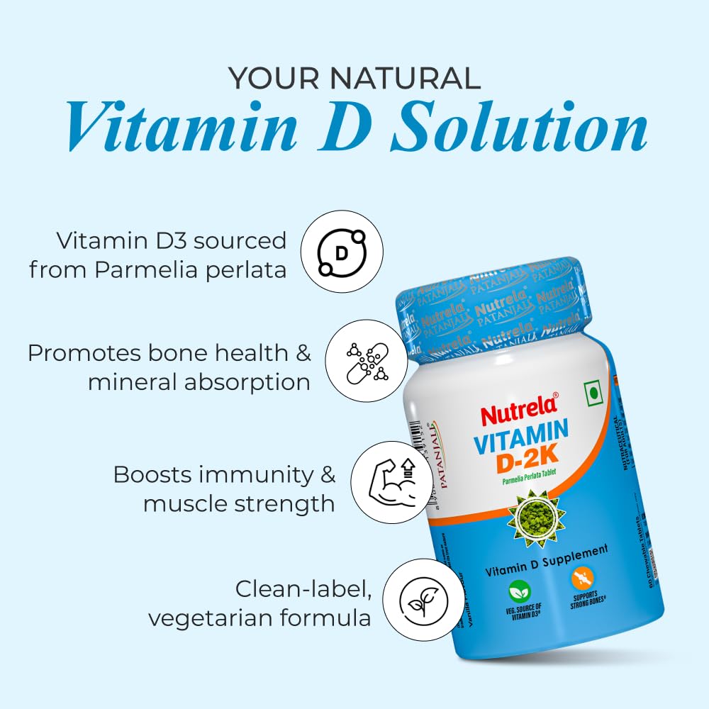 Nutrela Vitamin D-2K β 60 Chewable Tablets | Natural Vitamin D3 from Parmelia Perlata (Lichen) | Vanilla Flavour | Pack of 1 1
