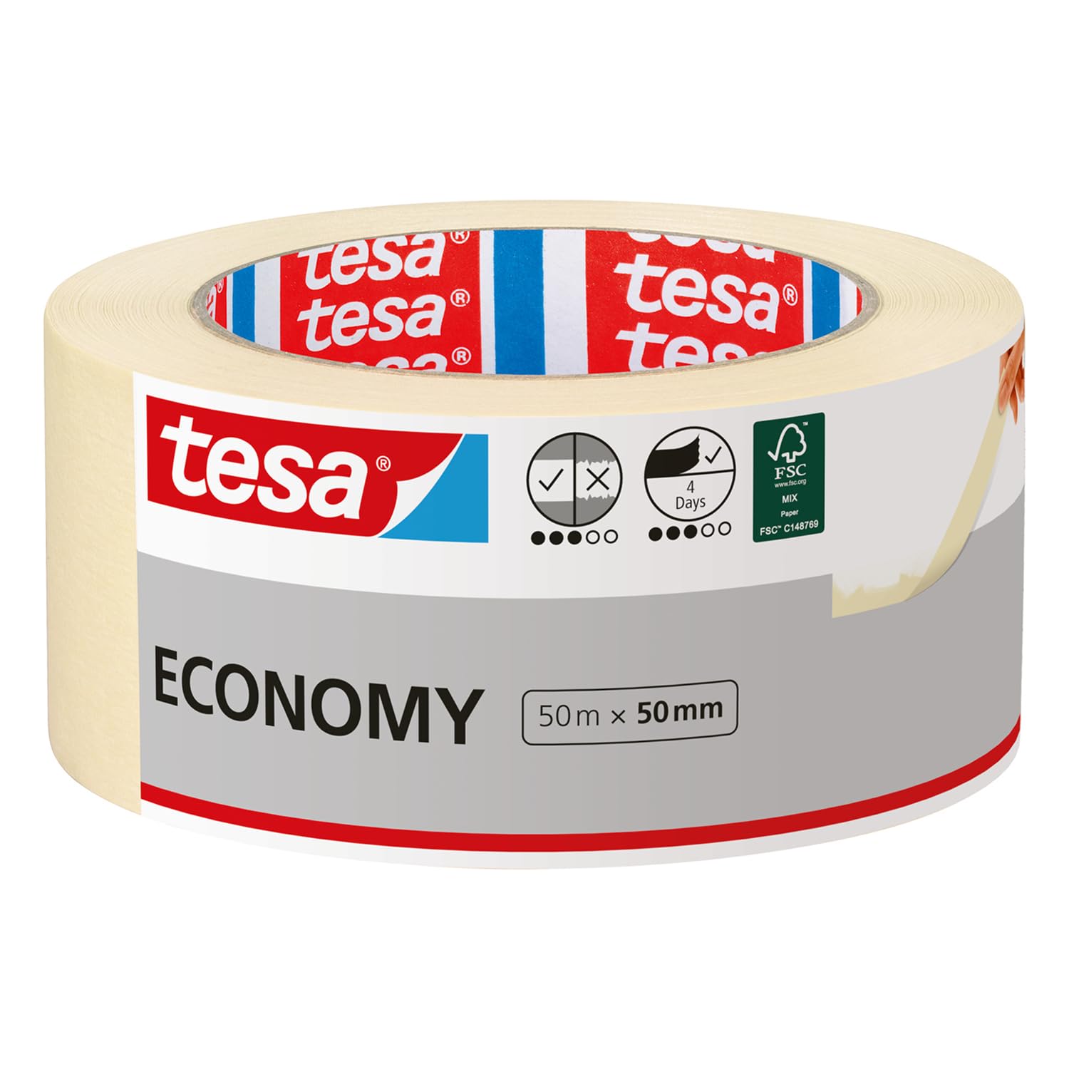 tesa Malerband ECONOMY - Vielseitiges Klebeband für Malerarbeiten ohne Lösungsmittel - Bis zu 4 Tage nach Gebrauch rückstandslos entfernbar, 50 m x 50 mm
