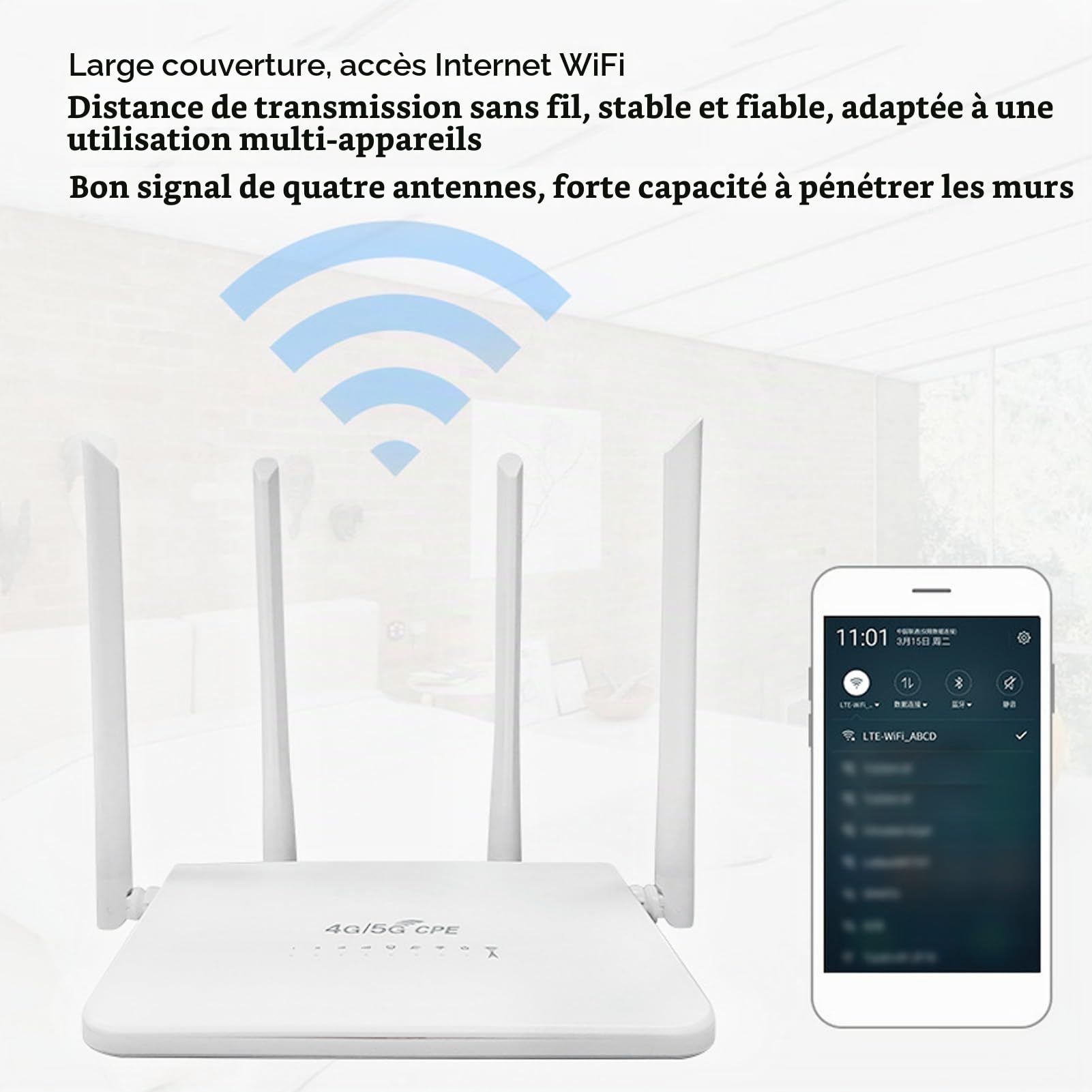 Routeur WiFi 4G, Modem Routeur 4G LTE, avec Emplacement pour Carte SIM, Transmission WiFi 300 Mbps 2,4 G, jusqu'à 20 Appareils, avec 4 Antennes à Gain élevé (5 Dbi), pour
