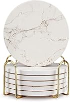 Deceram 6-Pack White Marble Ceramic Coasters with Gold Holder - Absorbent, Non-Slip Cork Bottom, Stylish Table Protectors & Gifts