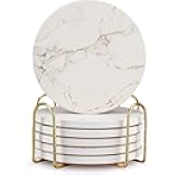 6 Pack White Marble Coaster Set with Holder Absorbent Drink Coasters Ceramic Cute Coaster Bar Dining Coffee Table Accessories Decor Gift Funny Cup Stone Modern Costers Cool Desk Beer Cork Coasters