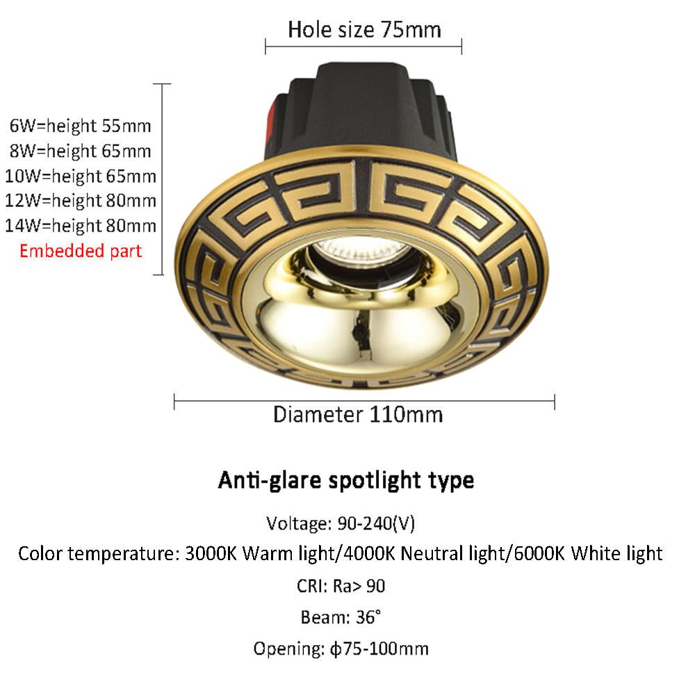 WLBHWL LED Recessed Ceiling Light, 6W, 8W, 10W, 12W, 14W LED Downlight, 36° Beam Angle COB Recessed Spotlight, 3000K-6000K, Brass Baffle Trim 1Pack