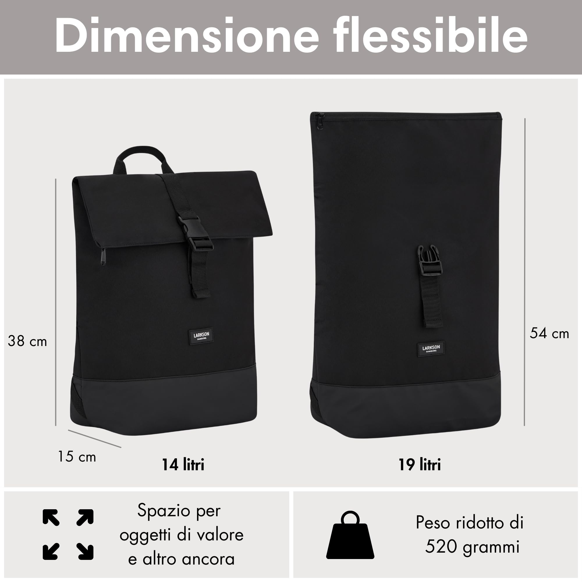 LARKSON Zaino Donna Uomo Nero - Tammo - Borsa per PC Portale, Lavoro, Università e Viaggio - Rolltop Leggero - Impermeabile