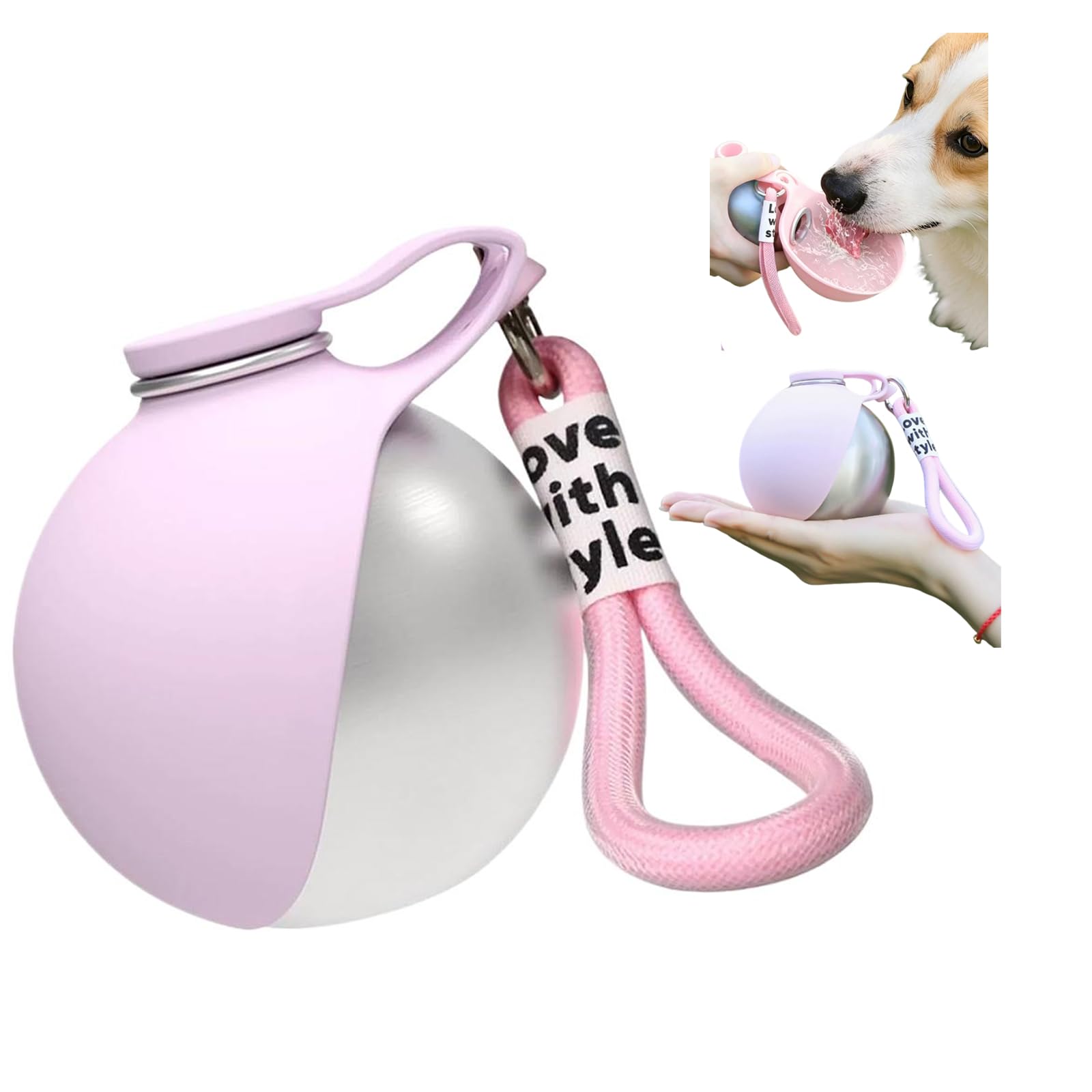 10oz Stainless Steel Dog Water Bottle with Silicone Leaf Bowl, 2-in-1 Leak Proof Portable Dog Travel Water Dispenser, 285ml 304 Food Grade Hydration Flask for Small Medium Puppies, Pink