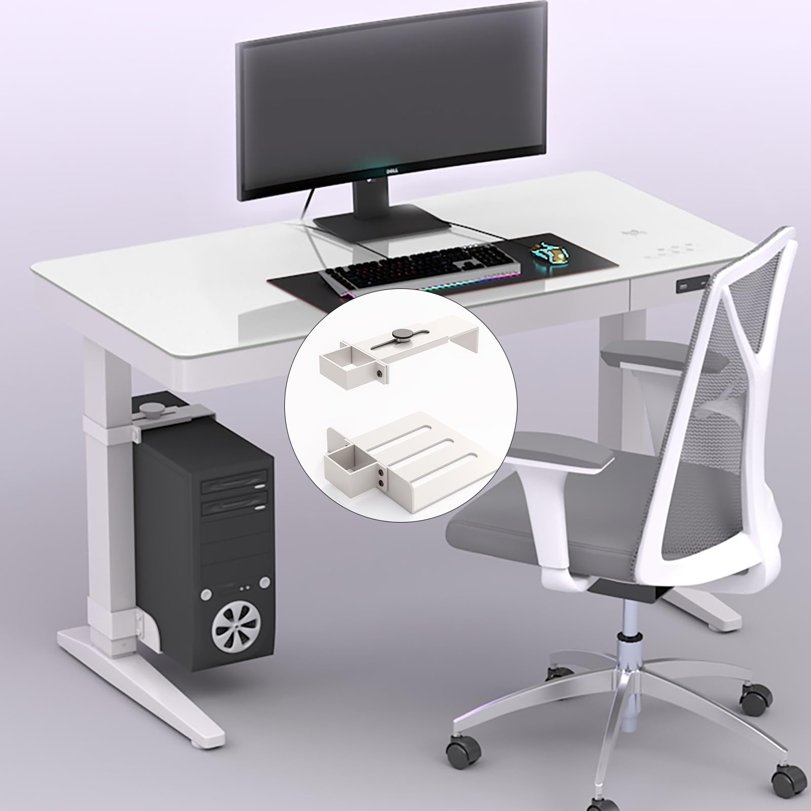Soporte PC Bajo Escritorio, Instalación sin Taladros, Resistente hasta 18 kg, Ajustable en Altura y Anchura, Soporte Torre PC Bajo Mesa para Escritorios de Pie (Patas de Mesa de 65 x 45 mm) Blanco