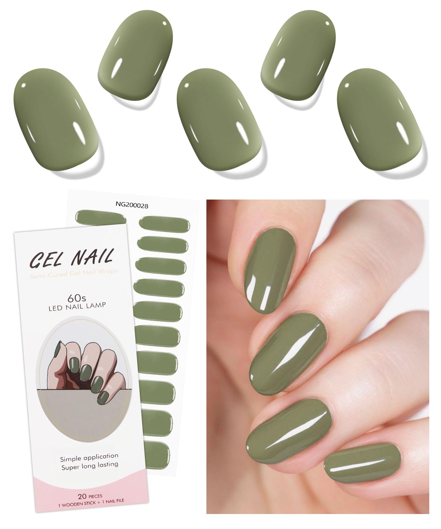 JMEOWIO Gel Nail Stickers Cream Green Gray Semi Cured Gel Nail Strips Wraps UV/LED Nails Art Design Decoration Accessories