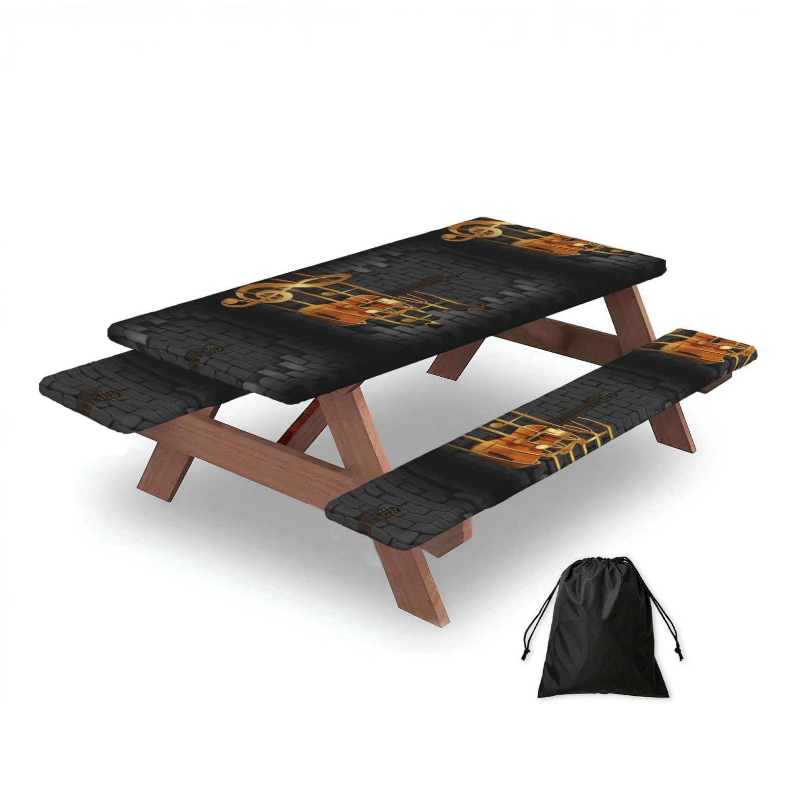 Dopklna As Picture Note Guitar Printed, Picnic Table Cover With Bench Covers -Waterproof Elastic Fitted Tablecloth For Garden Camping Patio 76X152cm