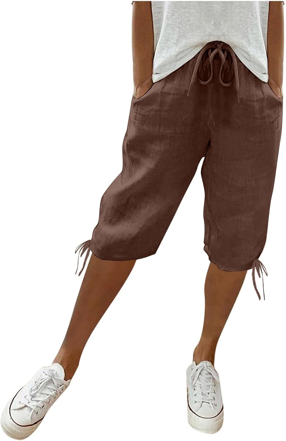 Capris Pants for Women Cotton Linen Casual Summer 2025 Straight Wide Leg Loose Tie Belt Elastic Waist Beach Cropped Trousers