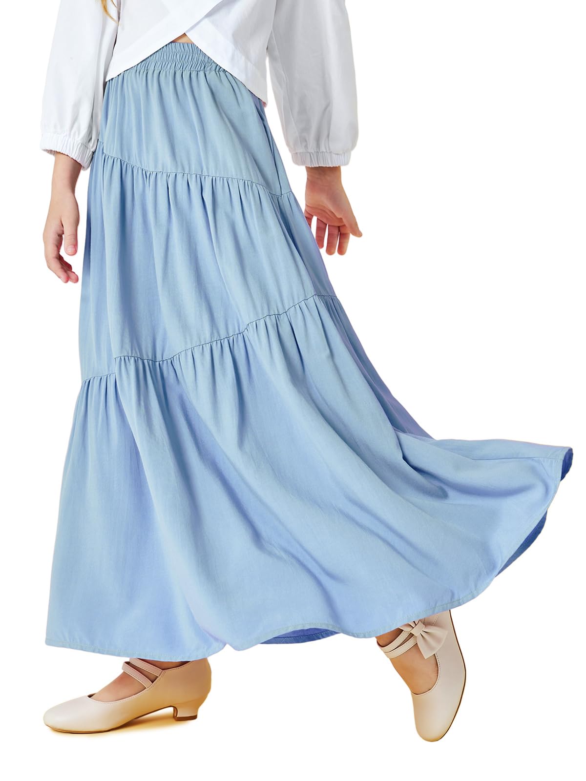 Haloumoning Maxi gonna elastica a vita alta da bambina, stile bohémien, a strati, plissettata, con tasche, 5-14 anni