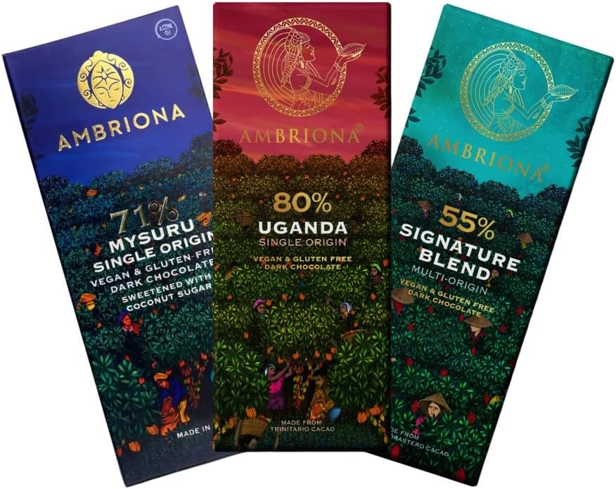 Vegan Dark Chocolate Bar Gluten Free, 55% to 80% Cocoa with Single Origin Chocolates, Pack of 3 x 50g.