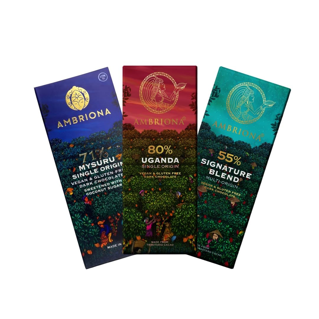 Vegan Dark Chocolate Bar Gluten Free, 55% to 80% Cocoa with Single Origin Chocolates, Pack of 3 x 50g.