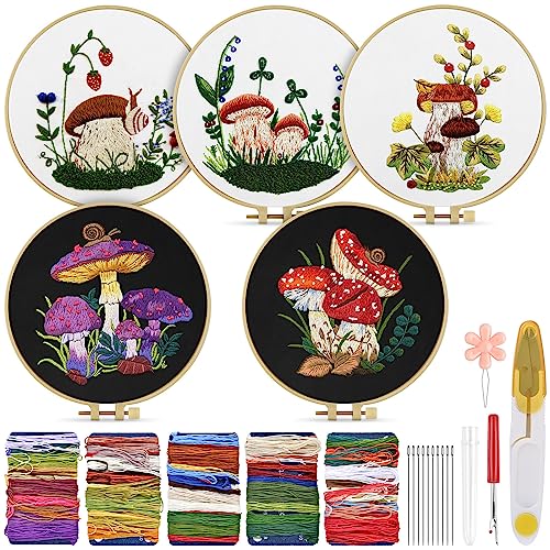 Image of Embroidery Kit for Adult, 5 Sets Mushroom Embroidery Kit for Beginners | Include Embroidery Cloth Hoops Threads for Craft Lover Hand Stitch with Embroidery Skill Techniques