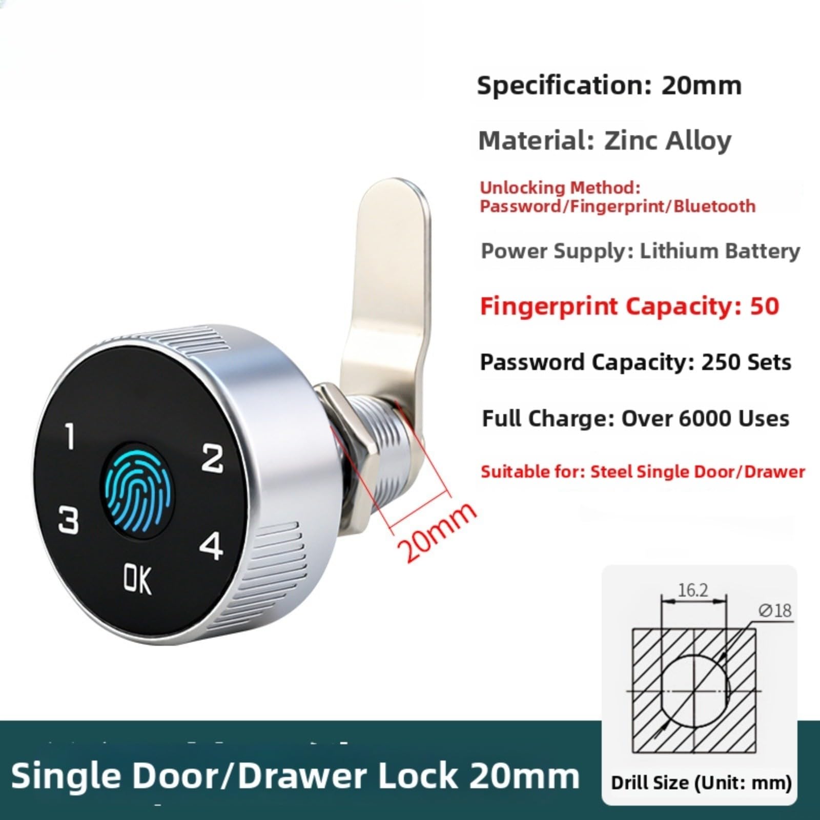 Serrure de porte à empreintes digitales avec écran tactile, serrure électronique sans fil pour tiroir, serrure de sécurité en alliage de zinc prenant en charge 50 empreintes digitales et