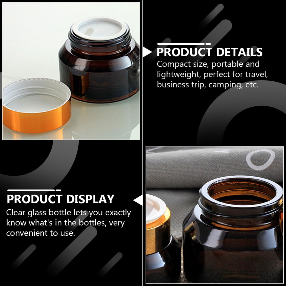 PACKOVE 6pcs Flacons de Crème en Verre 50ml Rechargeables et Portables pour Cosmétiques, Bouteilles Étanches pour Voyage et Camping