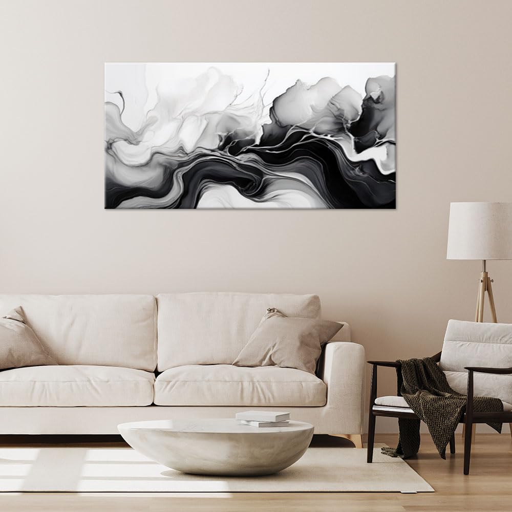 Feeby Cuadro - Cuadros Para Dormitorios - Abstracción en tinta, blanco y negro - 120x60 cm - Decoracion Pared - Para el Dormitorio y la Sala de Estar