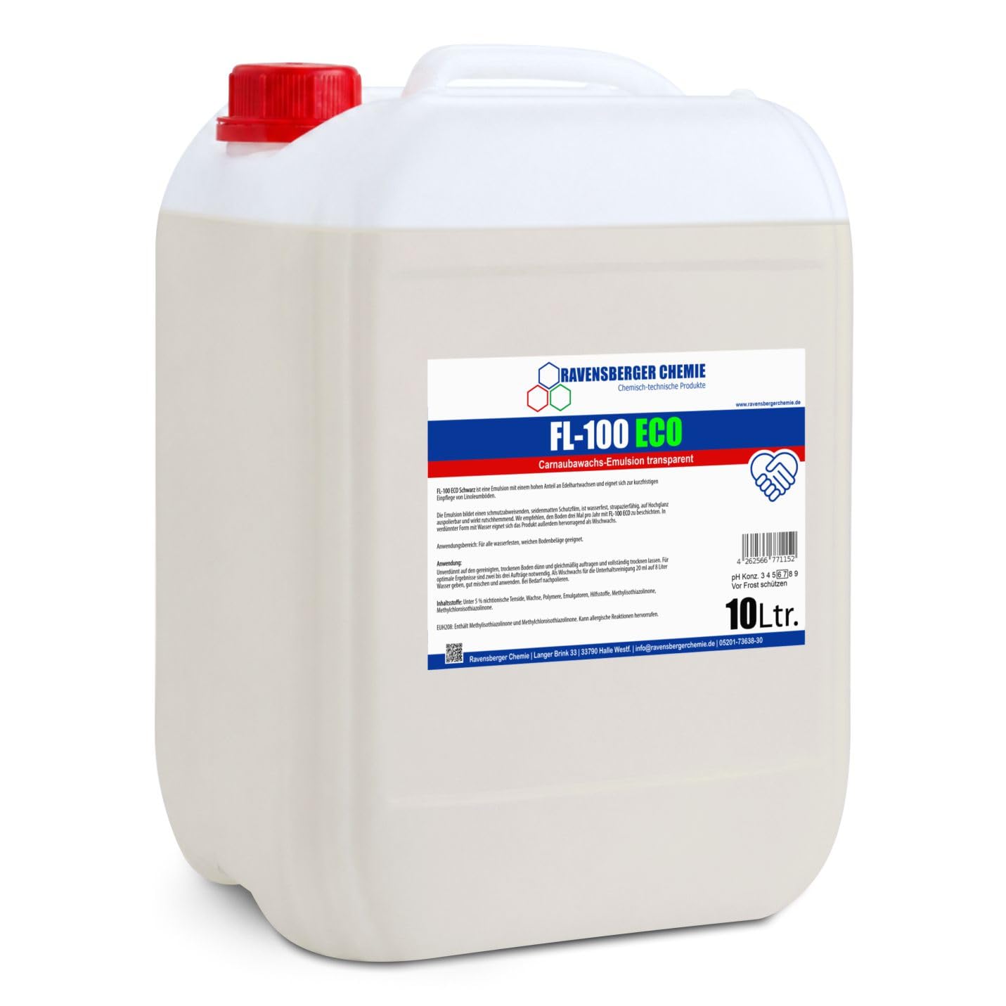 FL-100 ECO Carnaubawachs Emulsion 10 L – wässrige Wachsemulsion zur Bodenpflege, Auffrischung & Pflege geeigneter Industrie-, Werkstatt- & Gewerbeböden (Transparent)