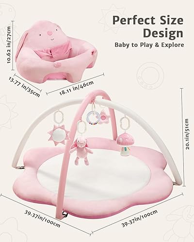 Miniatura 5 de Alfombra de juego 3 en 1, asientos de bebé para bebés para sentarse, alfombrilla de tiempo boca abajo con 5 juguetes desmontables, gimnasio de