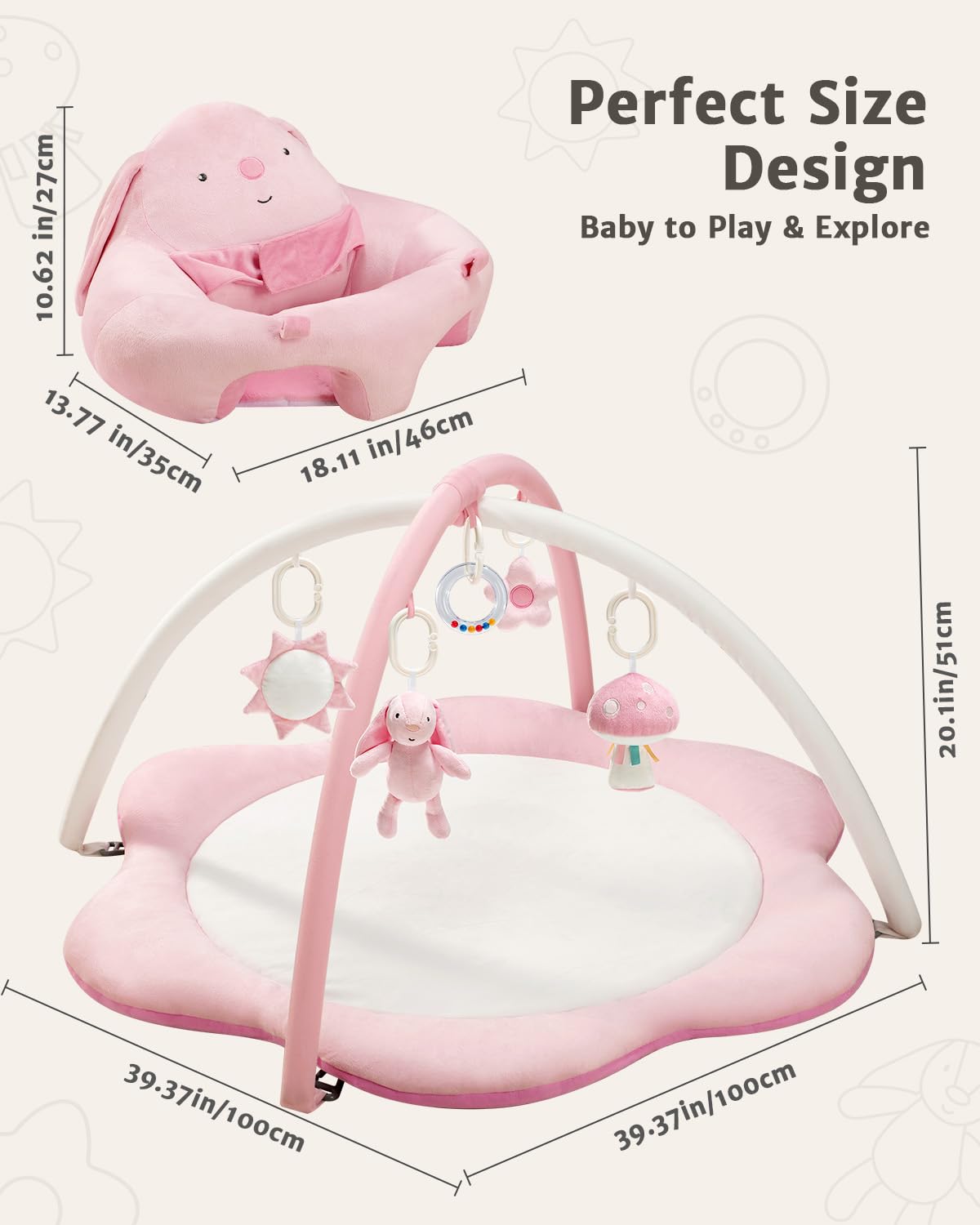Tapete de juego 3 en 1 para bebés, asientos de bebé para sentarse, tapete de tiempo boca abajo con 5 juguetes desmontables, gimnasio de actividades para bebés de 0 a 6, 6 a 12 meses, regalos para baby