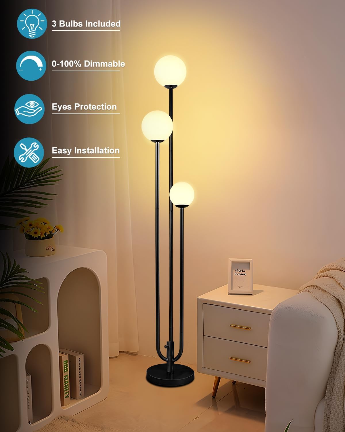 63IN 3-Light Dimmable Floor Lamp, Unique Candle Holder Style Black Tall Standing Lamps with 3000K G9 Bulbs for Reading, Mid Century Modern Floor Lamp for Living Room Bedroom Office