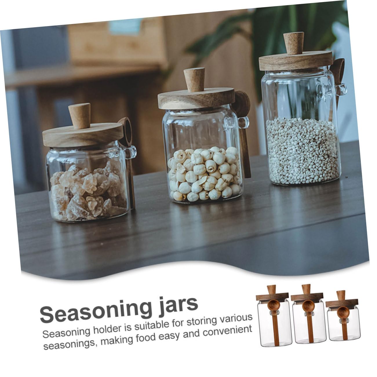 Gewürzglas mit Holzdeckel 550ml 3 Stück und Löffel 850ml aus Glas Stabile Salz und Zuckerbehälter 400ml Frische Gewürze Bewahren für Skandinavische Küche