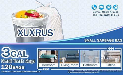 Miniatura 7 de XUXRUS Bolsas de basura pequeñas para baño, bolsas de basura de 3 galones para oficina en casa, baño, 120 unidades, color blanco, se adapta a