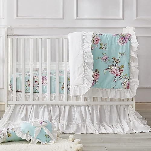 Miniatura 3 de Brandream Juego de ropa de cama de cuna francesa para niñas, juego de guardería floral de 3 piezas, edredón de bebé con volantes, sábana de cuna,