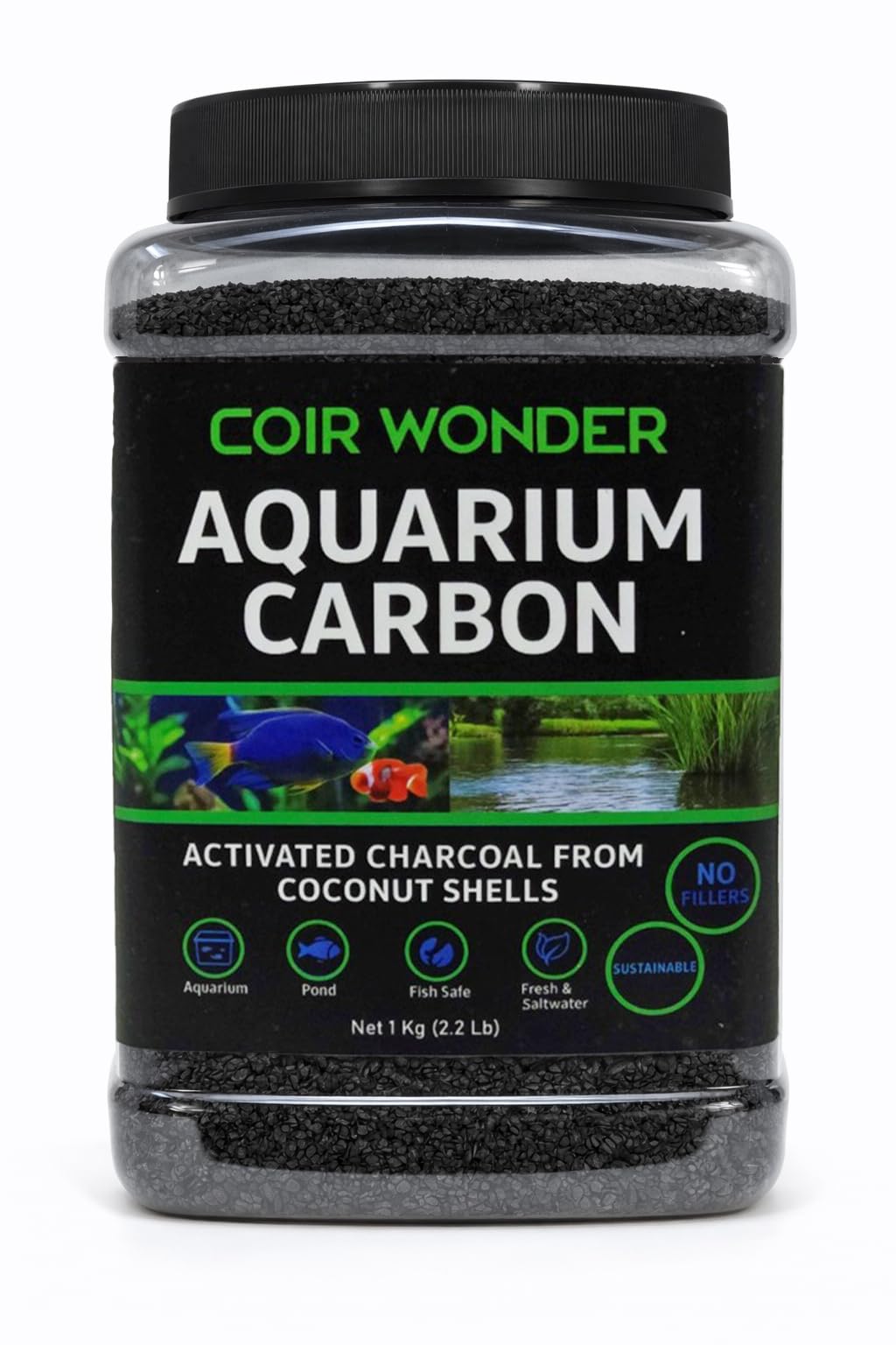 Coir Wonder Carbón de acuario - 1 kg (2,2 lb) - Carbón activado con cáscara de coco - Medios filtrantes para peceras, estanques - Gránulos clarificador de agua