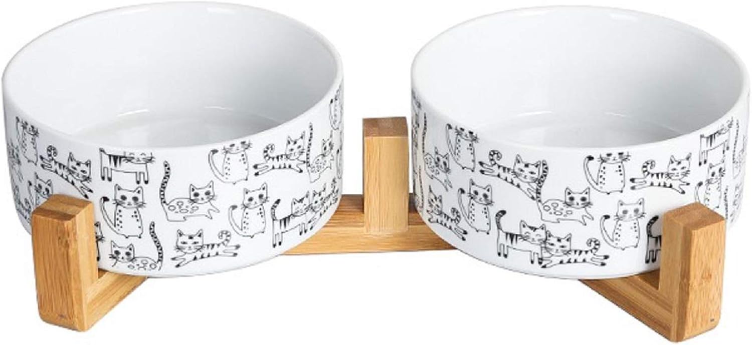 Raised Cat Bowl with Wood Stand, Ceramic Elevated Cat Bowl No Spill, Modern Cute Weighted Food Water Set for Small & Medium Sized Dogs &…