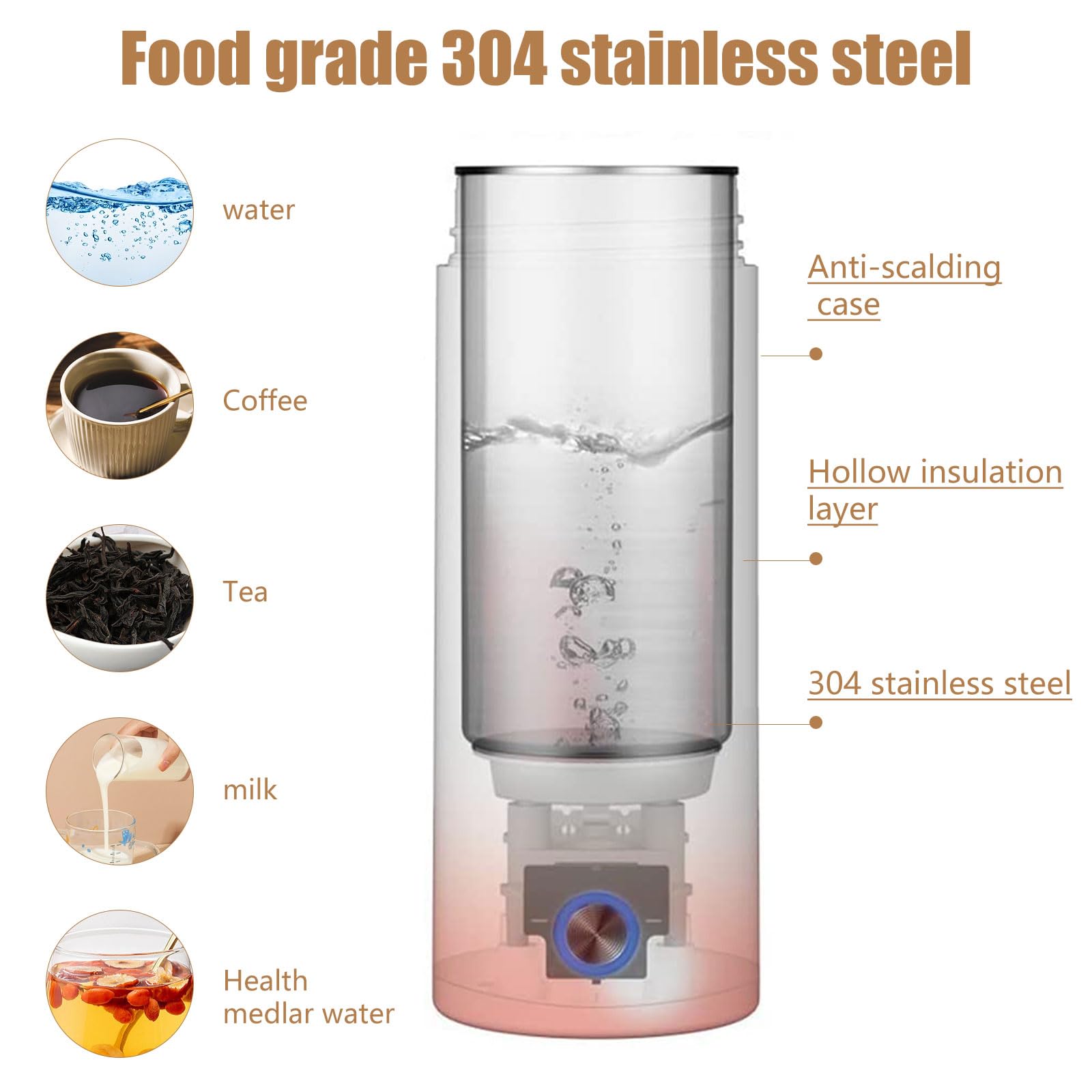 mumisuto Mini Bouilloire Électrique de Voyage, 400 ml Bouilloire de Camping avec Arrêt Automatique, 3 en 1 Mini Thermos, Bouilloire avec Brosse de Nettoyage Portable pour Thé Lait Café