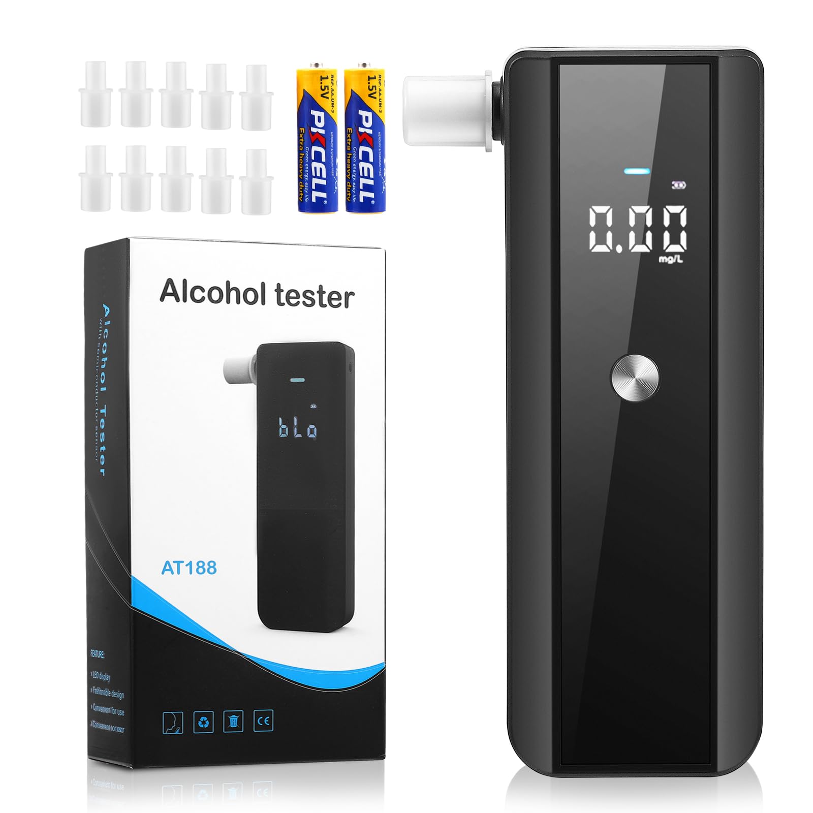 Alcoholímetro Profesional, Detector de Alcohol en el Aliento de Alta Precisión 0.01% BAC, Portátil con Pantalla LCD Digital e Incluye 10 Boquillas Desechables