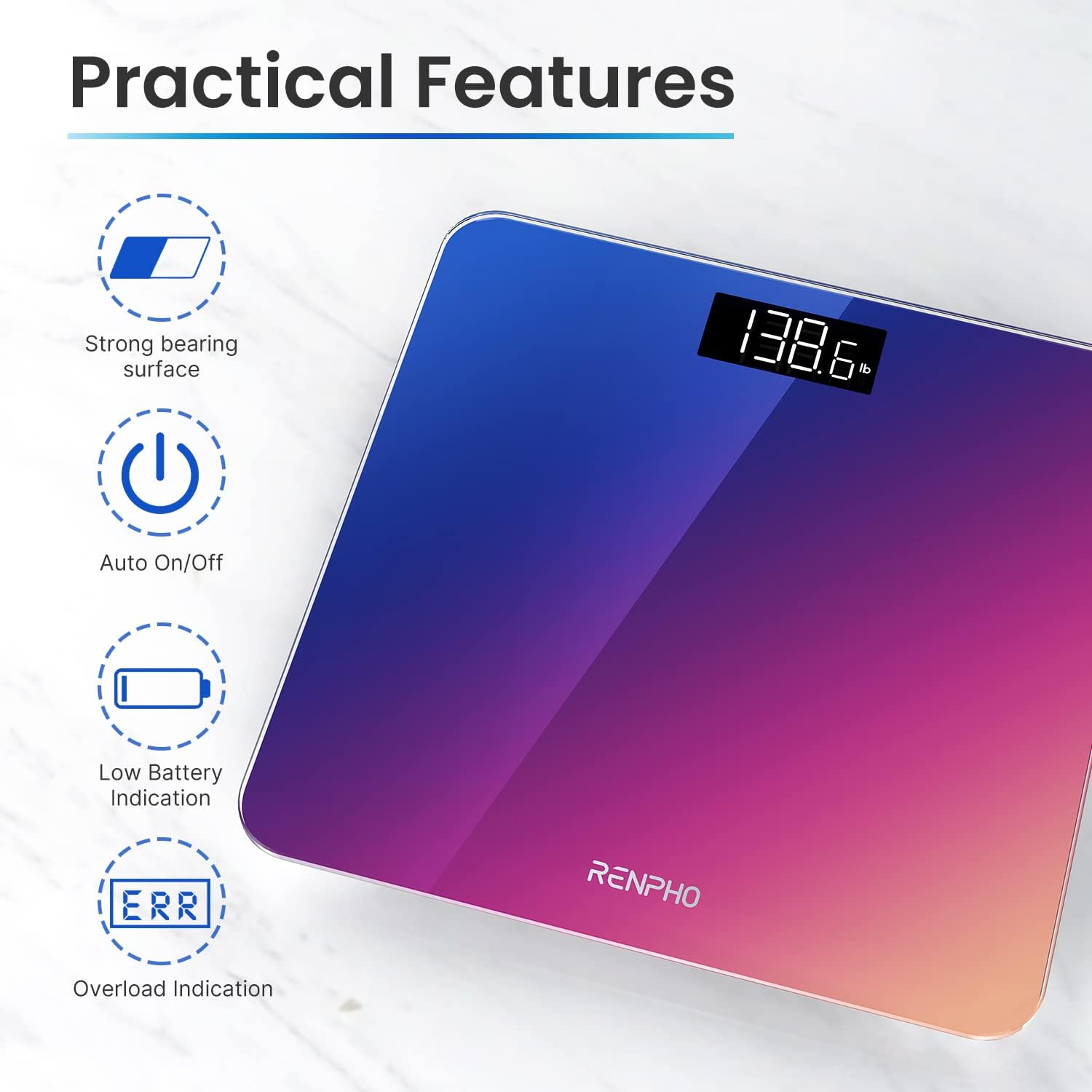 RENPHO Digital Bathroom Scale, Highly Accurate Body Weight Scale with Lighted LED Display, Round Corner Design, 400 lb, Gradient : Industrial & Scientific