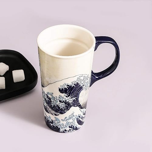 Vista 14 de Taza de café de viaje de cerámica con tapa y asa para el hogar y la oficina, taza de té alta de porcelana de 17 onzas con caja de color, viaje