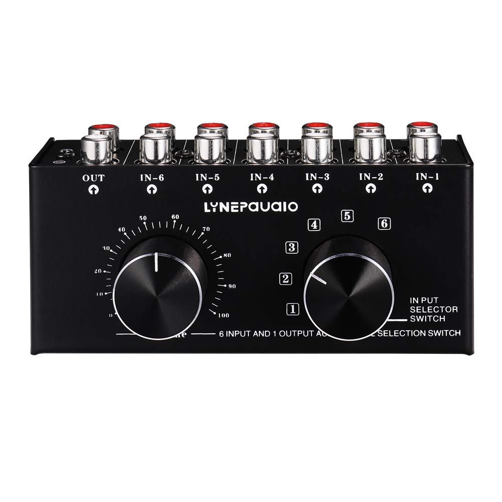 Conmutador de 6 entradas y 1 salida, conmutador de fuente de audio RCA, interruptor selector de señal de entrada de audio con ajuste de volumen e interruptor manual