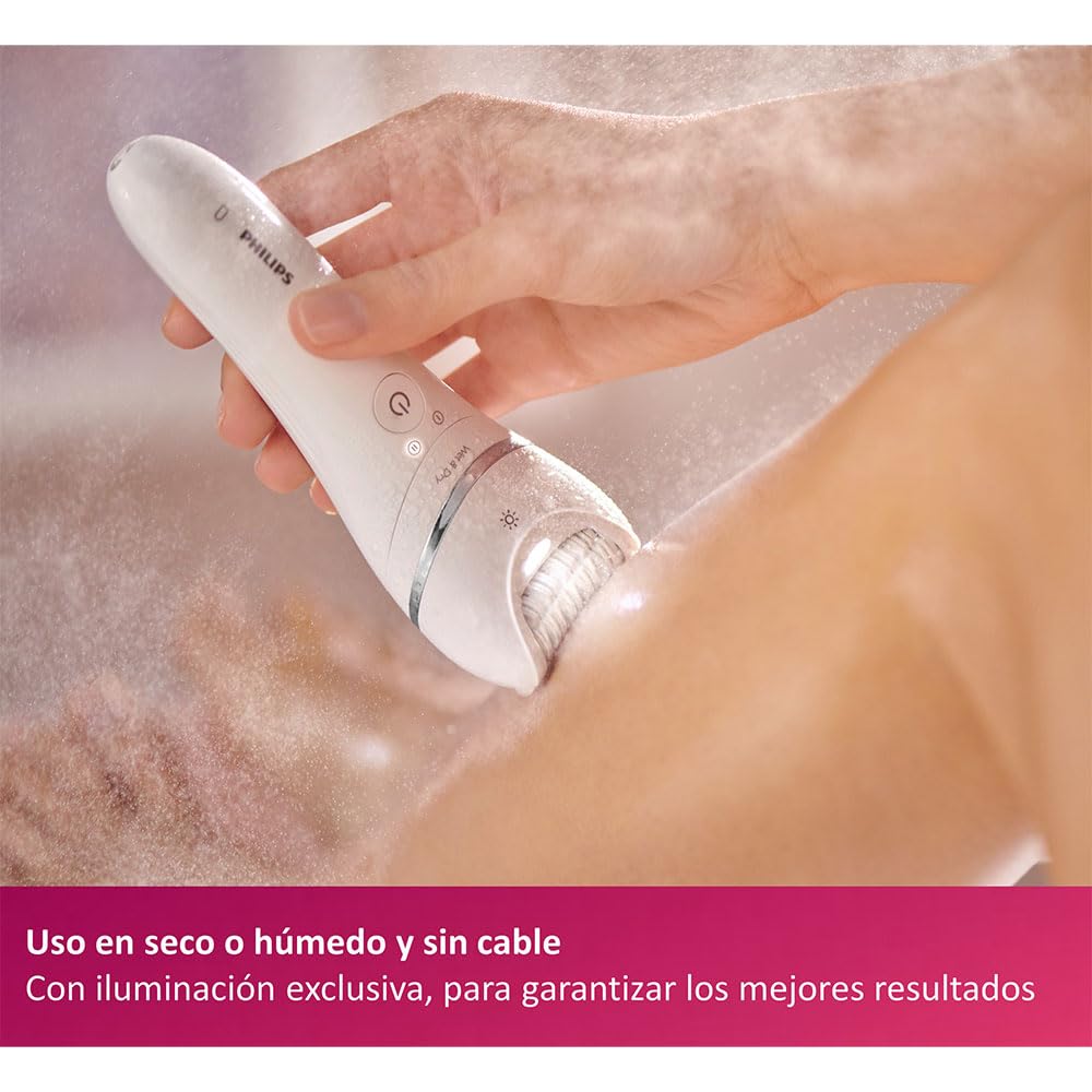Philips depiladora serie 8000, sin cable en seco y húmedo para piernas y cuerpo, dispositivo de depilación para mujeres, con cabezales para zonas delicadas y de contacto óptimo, modelo BRE700/00