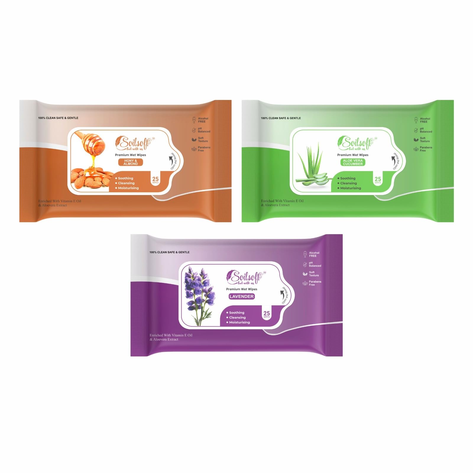 Soilsøft Premium Wet Wipes Variety Pack (3 Count, 25 Wipes per Pack, 75 Total) - Scented Wipes for Face & Body: Honey & Almond, Aloe Vera & Cucumber, Lavender - Gentle, Alcohol-Free, Paraben-Free, pH Balanced, Moisturizing for Sensitive Skin (H&A + AL + LB)-image-27