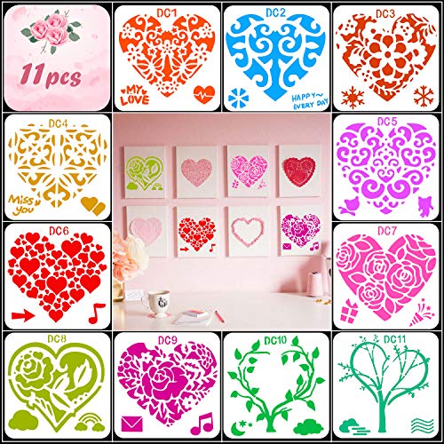 HOWAF 11pcs Flower Love Heart Stencils for Craft Cards Scrapbooking Valentine Wedding, Plastic Reusable Stencils Templates for Kids Teen Painting Drawing DIY Art Project Valentine's Day Craft Supplies