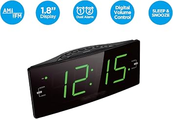 HANNLOMAX HX-112CR Alarm Clock Radio, AM/FM, 1.8 LED Display (Black) | AM/FM Radio, Digital Clock, Dual Alarm, 1.8 Green LED Display, Dimmer