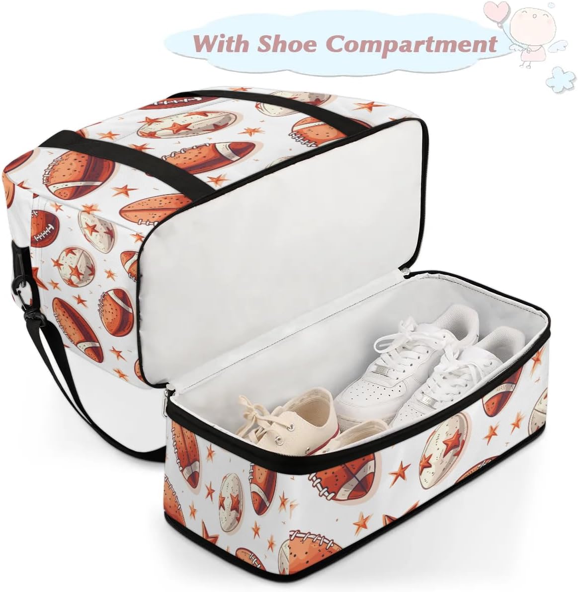 Sports Duffel Bag, Foldable Rugby Balls Sport Travel Duffel Bag, Gym Yoga Beach Bag Weekender Overnight Bag with Shoes Compartment for Men Women, Rugby Football