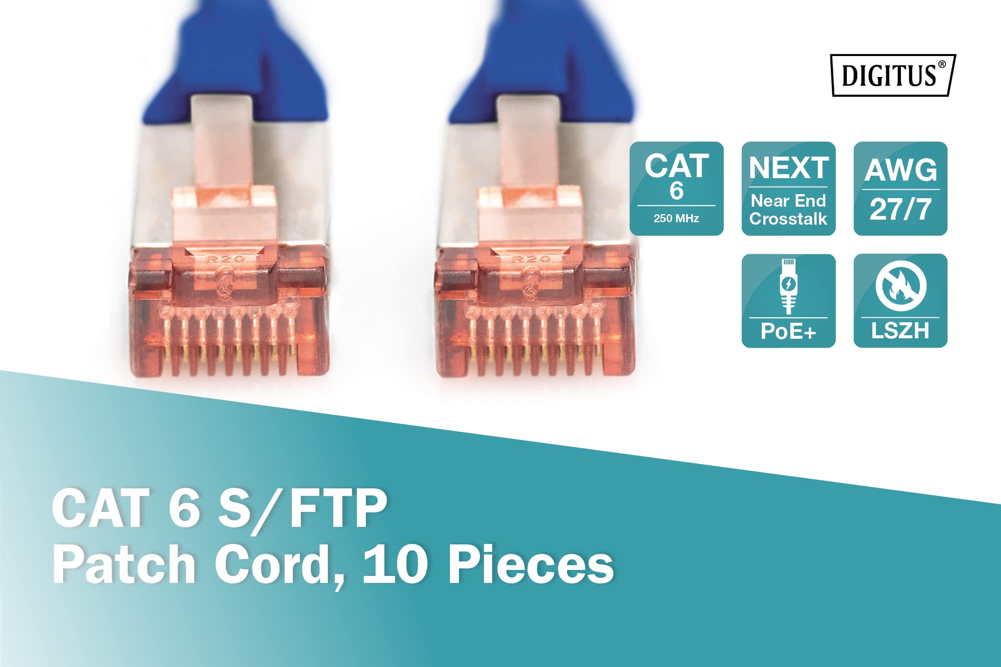 DIGITUS Cable LAN Cat 6 - 1m - 10 Piezas - Cable de red RJ45 - S/FTP Blindado - Compatible con Cat 6A y Cat 7 - Azul