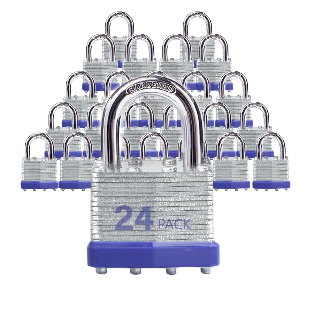 XanHen Keyed Alike Laminated Steel Padlocks, Standard Shackle, for Hasp, Shed, Fence, Storage Locker, School, Gym (24 Pack)