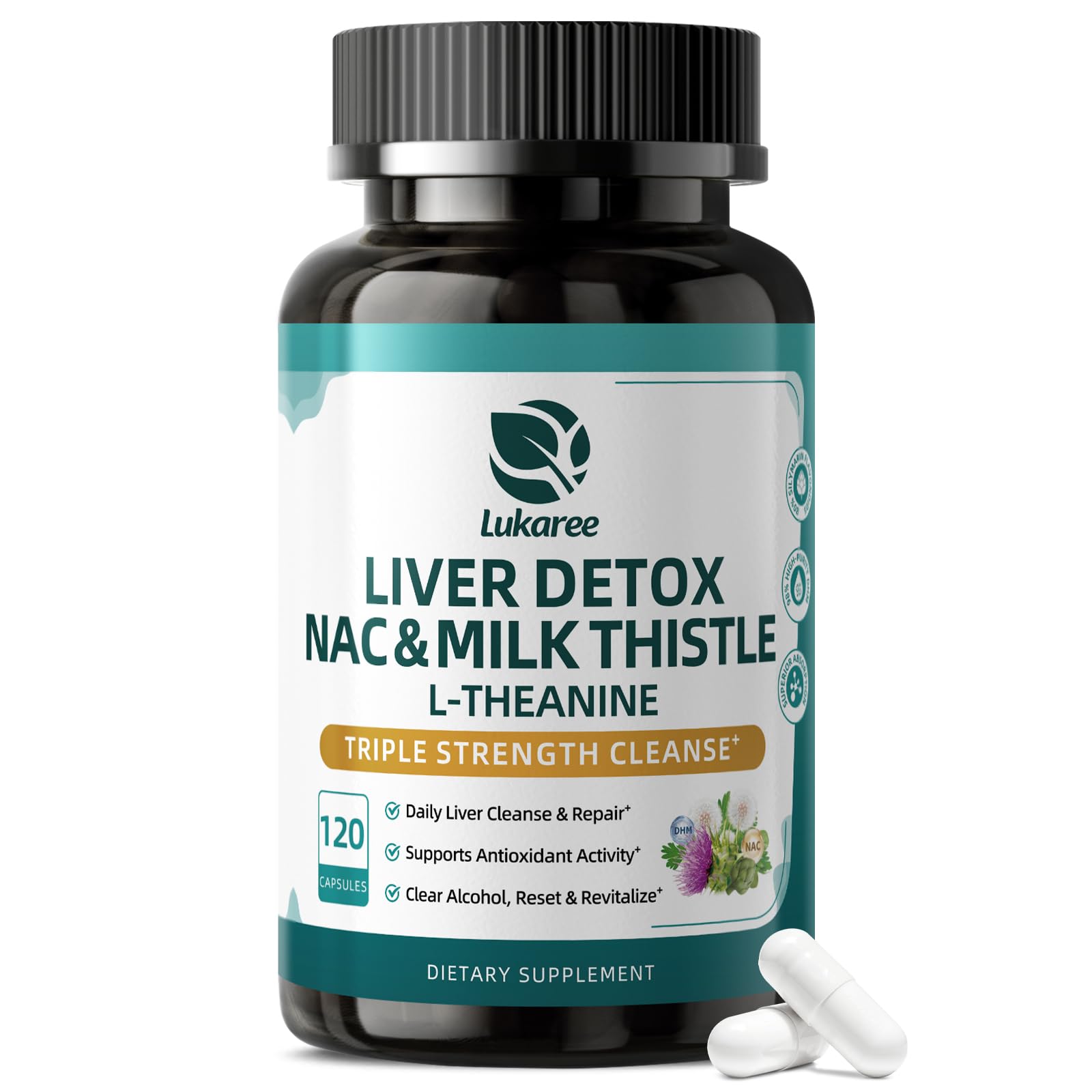 Natural Liver Support Supplement with NAC 600mg, 98% DHM, Vegan, 120 Count