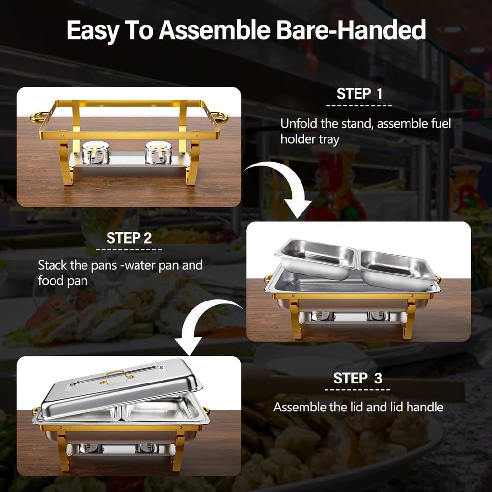 Juego de 4 platos de acero inoxidable de 9 cuartos de galón, con tapas y sartenes, calentadores de alimentos apilables con marco plegable, para fiestas, catering, eventos de vacaciones