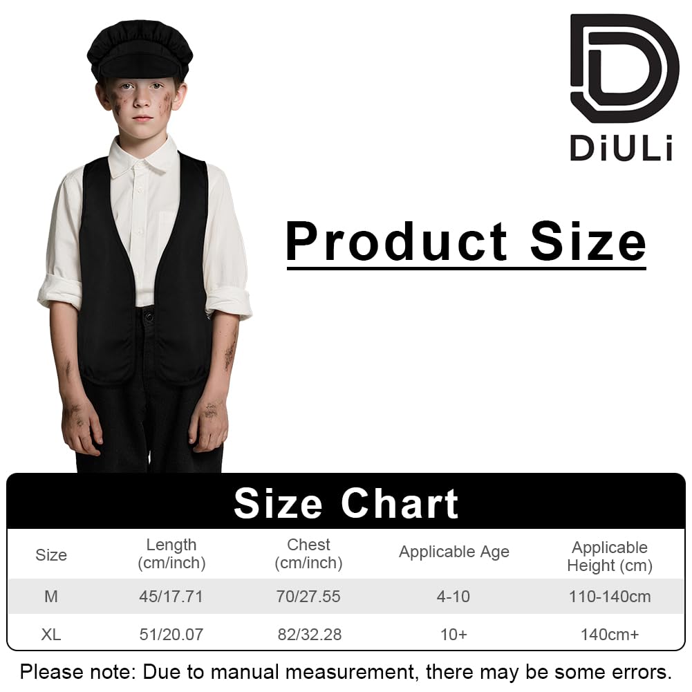 DiULi Victorian Pauper Costume for Kids Black 2-Piece Vest and Hat Set, Chimney Sweep Halloween Fancy Dress - Image 2