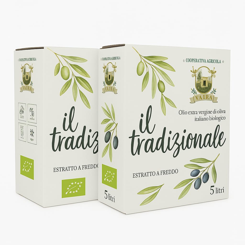 Huile d'olive extra vierge biologique, Ogliarola Garganica italienne, huile EVO extraite à froid, 100% huile des Pouilles, fruité moyen, pack de 2 bidons de 5 L
