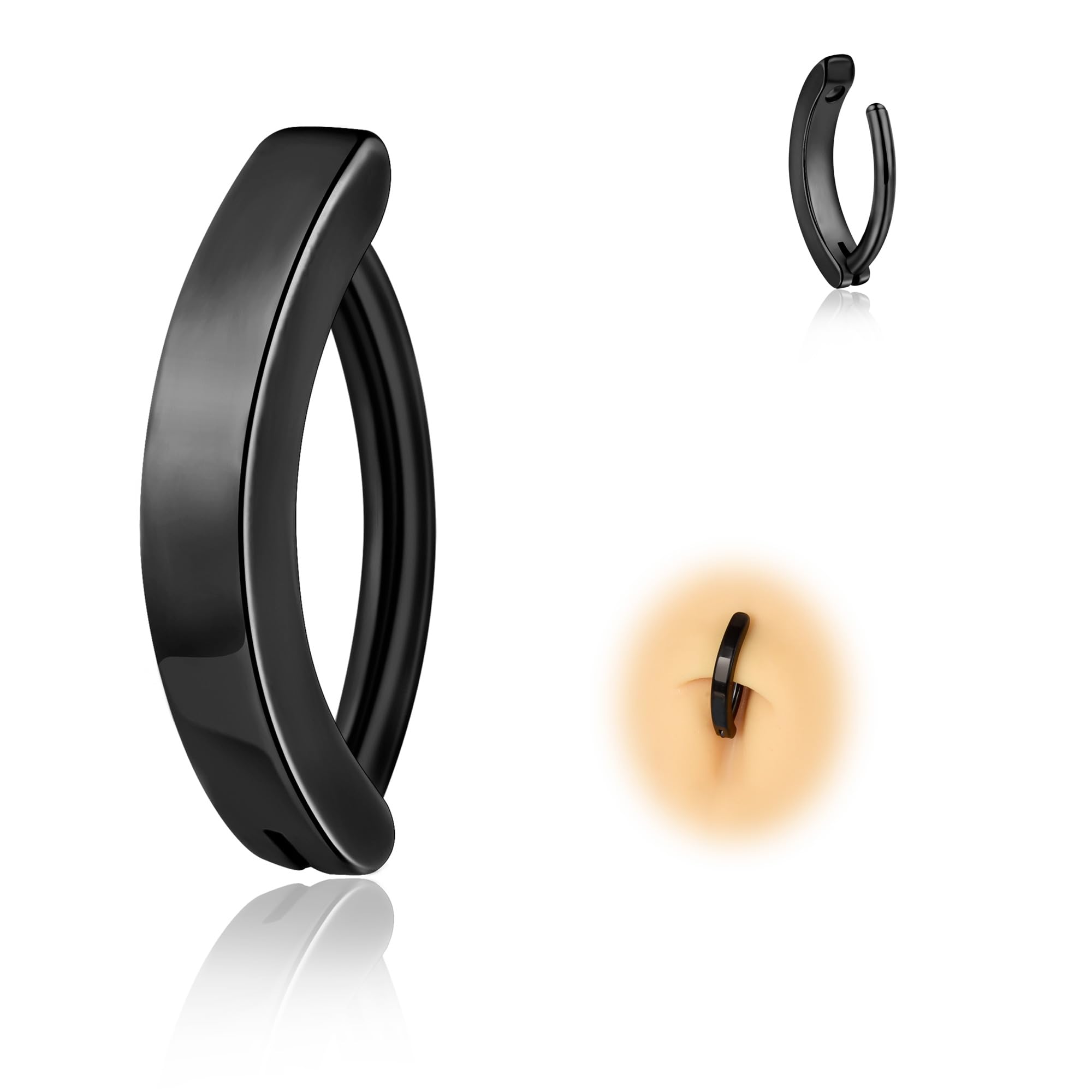 Candyfancy 14G Clicker Piercing para el ombligo de titanio, antialérgico, negro, 10 mm/12 mm, circonitas, para ombligo, para hombre y mujer