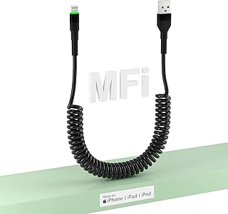 USB to Lightning Cable Coiled Apple MFi Certified & Support Carplay, Short Retractable USB A iPhone Charger Cable for Car, Type-A iPhone Charger Cord with Fast Charging Data Transfer and LED