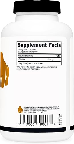 Miniatura 4 de Primal Cápsulas de L-citrulina (180 cápsulas/1,500 mg por porción) Suplemento premium de L-citrulina